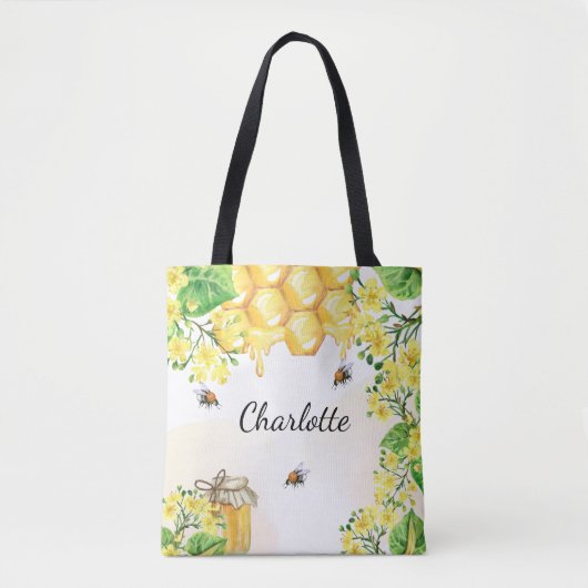 Tote Bag Abeilles miel fleurons jaune nom monogramme (Devant)