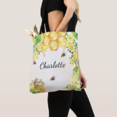 Tote Bag Abeilles miel fleurons jaune nom monogramme (De près)