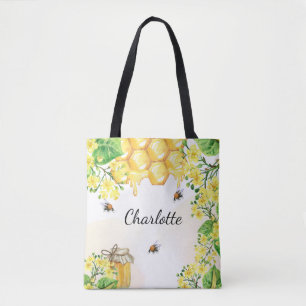 Tote Bag abeilles miel jaune florales monogramme nom