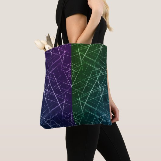 Tote Bag Abstract Cyber Pattern | Purple & Emerald Grid (De près)