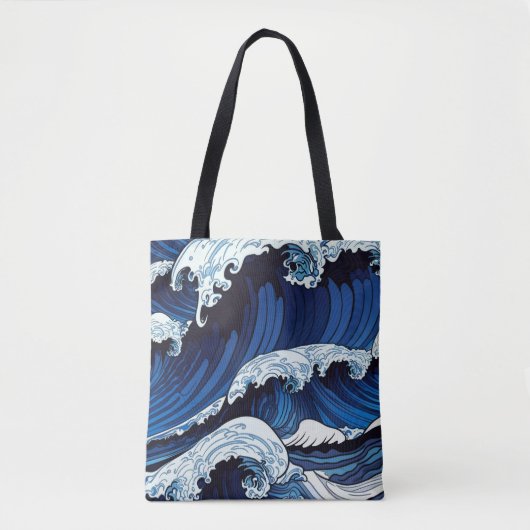 Tote Bag Abstrait Blue Ocean Waves Art de style japonais | (Devant)
