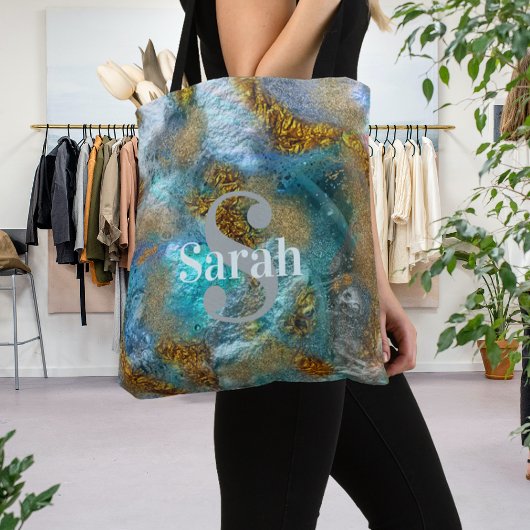Tote Bag Abstrait Gold Turquoise Faux Foil Parties scintill