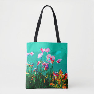 Tote Bag Abstrait tableau de fleurs turquoise rose orange