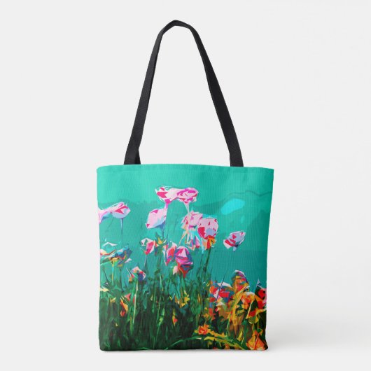 Tote Bag Abstrait tableau de fleurs turquoise rose orange (Dos)