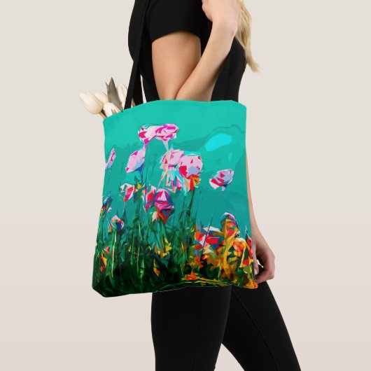 Tote Bag Abstrait tableau de fleurs turquoise rose orange (De près)