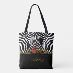 Tote Bag Abstraite Fleur Zèbre Rouge Noir Blanc Or