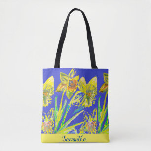 Tote Bag Abstraite jonquille Jaune Fleurs Bleues Florales T
