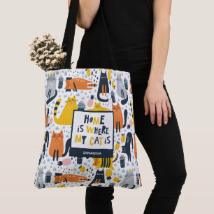 Tote Bag Accueil est là où mon chat est Motif Nom monogramm