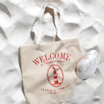 Tote Bag Accueil personnalisé du phare vintage<br><div class="desc">Un ensemble unique de sacs fourre-tout personnalisés adaptés à votre style de plage ou à votre mariage de destination. Il comporte un texte de bienvenue suivi du nom de l'emplacement ou de la personne qui reçoit le sac. Sous ceci est un phare de style vintage dans la couleur rouge pourpre....</div>