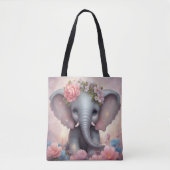 Tote Bag Adorable bébé éléphant avec fleurs (Devant)