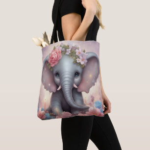 Tote Bag Adorable bébé éléphant avec fleurs