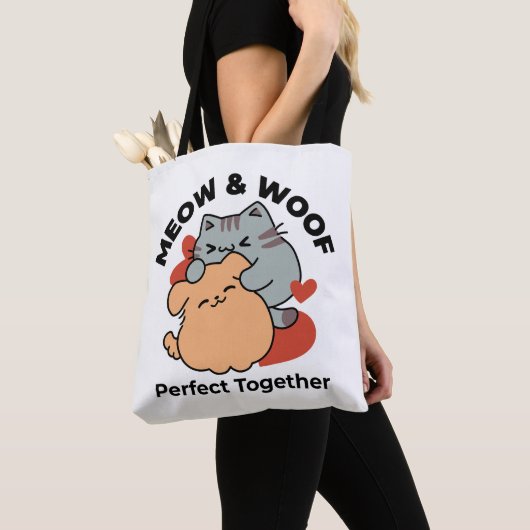 Tote Bag Adorable chat et chien Hug - Meow & Woof Design (De près)