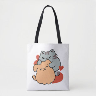 Tote Bag Adorable chat et chien Hug - Meow & Woof Design
