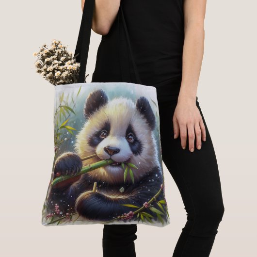 Tote Bag Adorable Ours De Panda Mangeant Bambou (De près)
