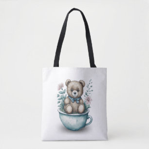 Tote Bag Adorable ours en peluche en tasse avec fleurs