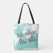 Tote Bag Adventure Await White World Map & Mint (Dos)