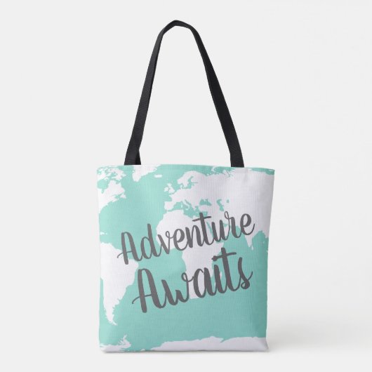 Tote Bag Adventure Await White World Map & Mint (Dos)