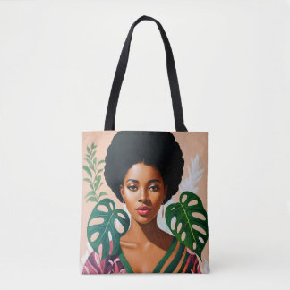 Tote Bag Afro Black Woman Monstera Deliciosa Botanique