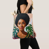 Tote Bag Afro Black Woman Monstera Deliciosa Botanique (De près)