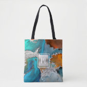 Tote Bag Agate aquarelle monogramme argent turquoise orange (Devant)