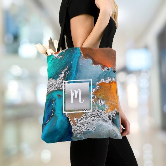 Tote Bag Agate aquarelle monogramme argent turquoise orange