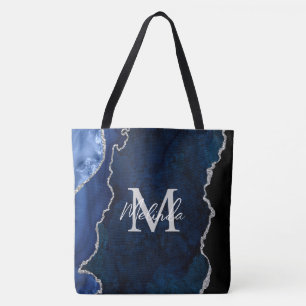 Tote Bag Agate de marbre bleu marine et argenté