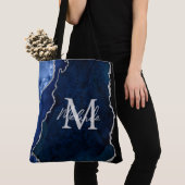 Tote Bag Agate de marbre bleu marine et argenté (De près)