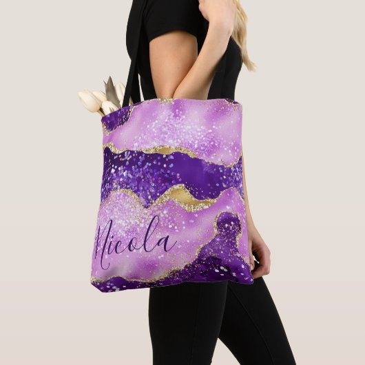 Tote Bag Agate de Parties scintillant en or violet et rose (De près)
