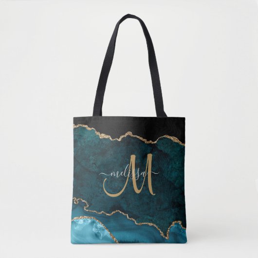 Tote Bag Agate de Parties scintillant or Turquoise moderne  (Devant)