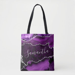 Tote Bag Agate Marbré Violet et Faux Argent Pailleté