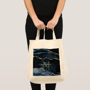 Tote Bag Agate Marine Blue Gold Gemstone Marble Nom du mono