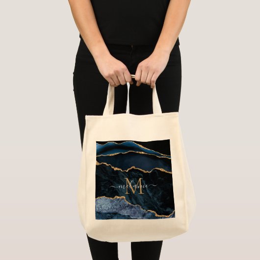 Tote Bag Agate Marine Blue Gold Gemstone Marble Nom du mono (Devant (produit))