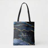 Tote Bag Agate Marine Blue Gold Gemstone Marble Nom du mono (Devant)