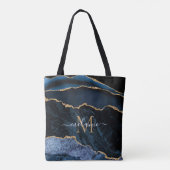 Tote Bag Agate Marine Blue Gold Gemstone Marble Nom du mono (Dos)