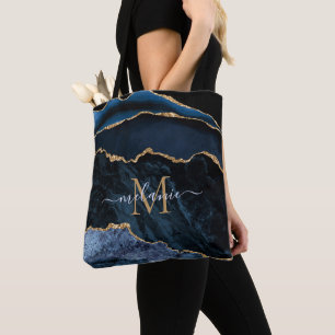 Tote Bag Agate Marine Blue Gold Gemstone Marble Nom du mono