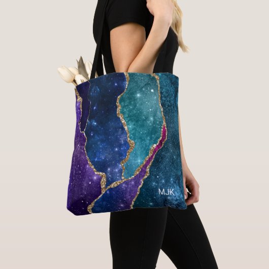 Tote Bag Agate Monogramme Veines Or Bleu Violet Aqua (De près)
