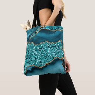 Tote Bag Agate océanique élégante sarcelle et or paillettes