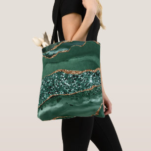 Tote Bag Agate océanique élégante verte et dorée scintillan