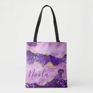 Tote Bag Agate pailletée violette et rose et or faux