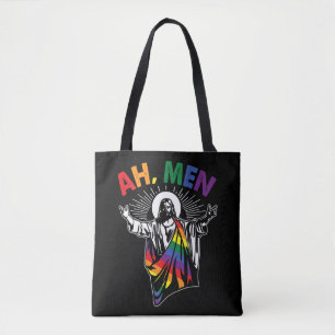 Tote Bag Ah Men Funny LGBT Gay pride Jesus Rainbow Flag Chr