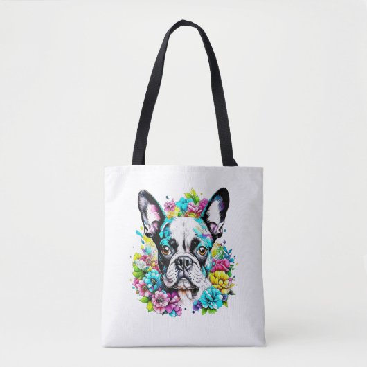 Tote Bag Ai Boston Terrier entouré de fleurs (Devant)