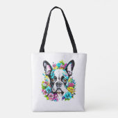 Tote Bag Ai Boston Terrier entouré de fleurs (Dos)