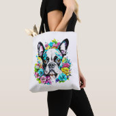 Tote Bag Ai Boston Terrier entouré de fleurs (De près)