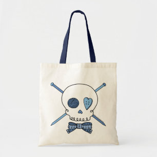 Tote Bag Aiguilles de crâne et de tricot (bleues)
