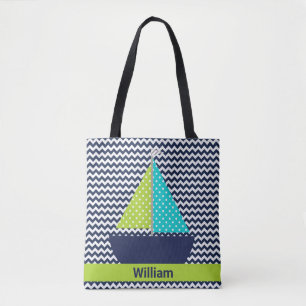 Tote Bag Ajouter Le Nom Chevron Stripe Avec Voilier