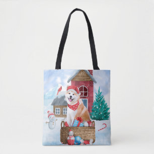 Tote Bag Akita Chien dans la neige Maison de Chien de Noël