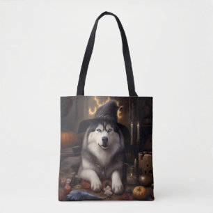Tote Bag Alaskan Malamute Citrouilles Halloween effrayant