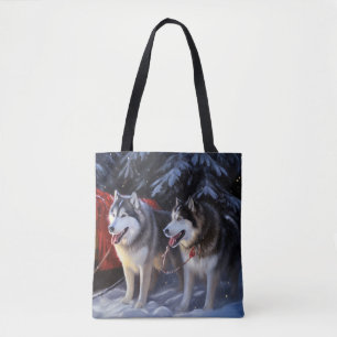 Tote Bag Alaskien Malamute Snowy Sleigh Ride Noël