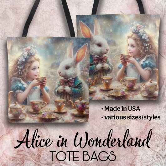 Tote Bag Alice et Lapin Blanc Whimsical à l'heure du thé