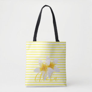 Tote Bag Aloha   Élégante Fleur Tropicale & Bandes Jaunes